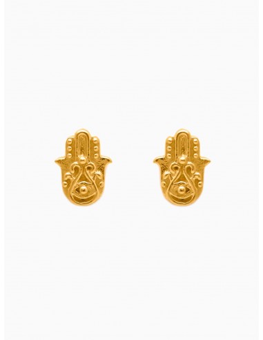 Pendientes de plata de ley en forma de mano de fátima de color dorados de la marca de joyas AmaloA.