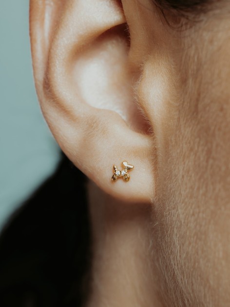 Pendientes de plata de ley con forma de perro en color dorado de la marca de joyas AmaloA. 2