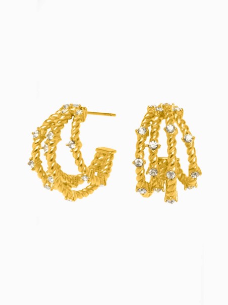 Pendientes dorados de cuatro aros con piedras circonitas de la marca de joyas AmaloA.