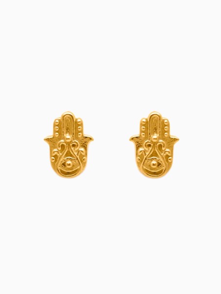 Pendientes de plata de ley en forma de mano de fátima de color dorados de la marca de joyas AmaloA.